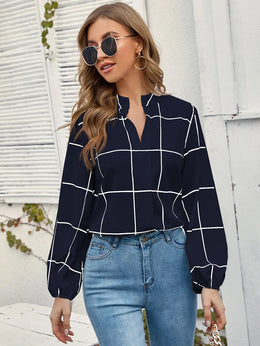 Blue Checked Mandarin Collar Top