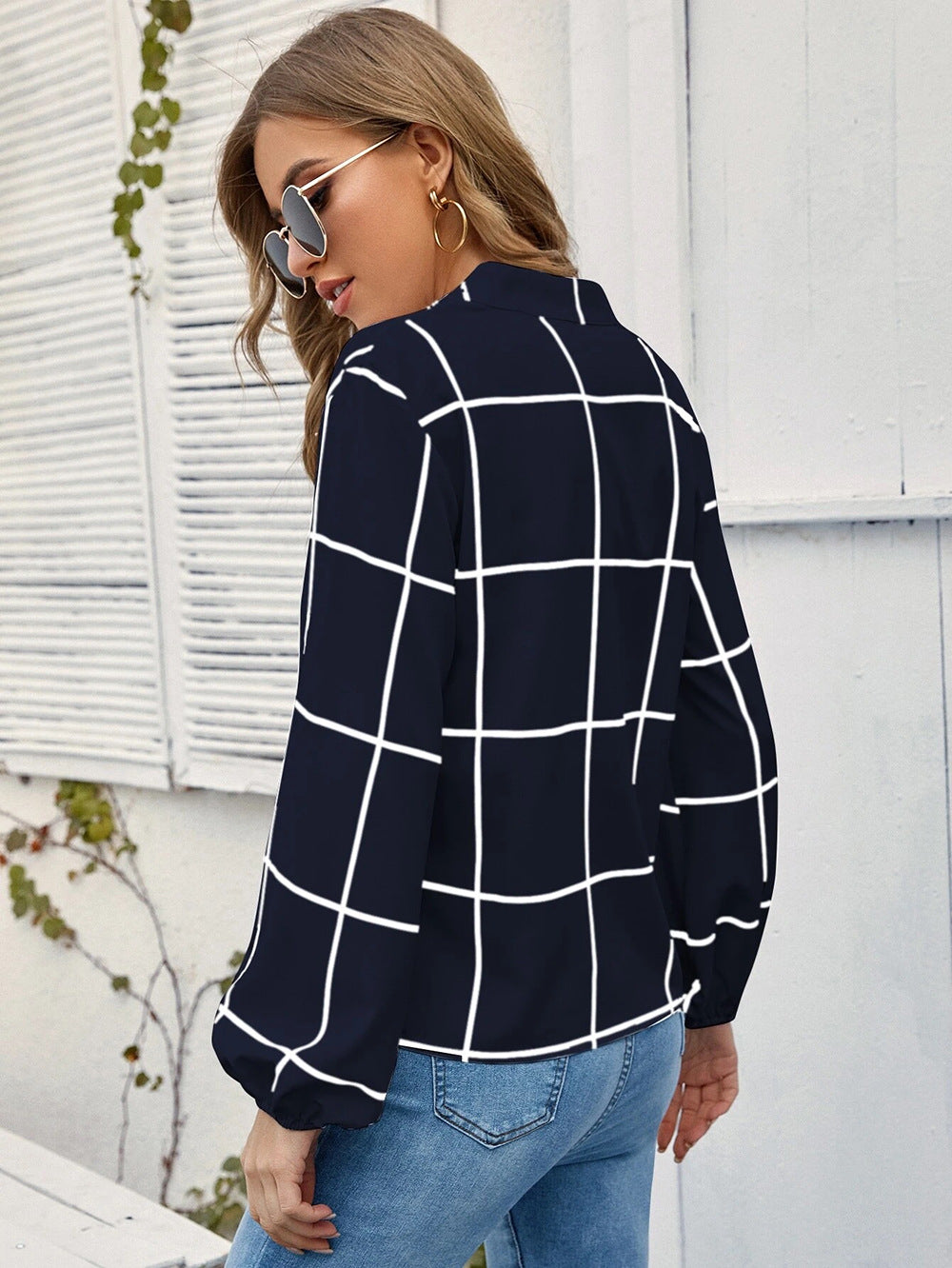 Blue Checked Mandarin Collar Top