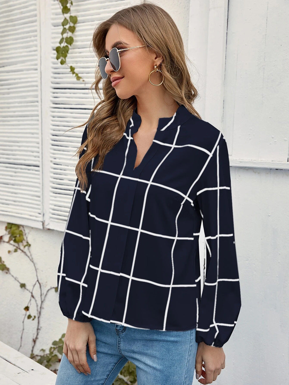 Blue Checked Mandarin Collar Top