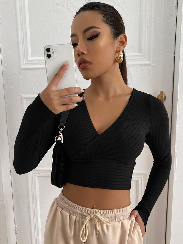 Black Striped V-Neck Long Sleeves Wrap Crop Top