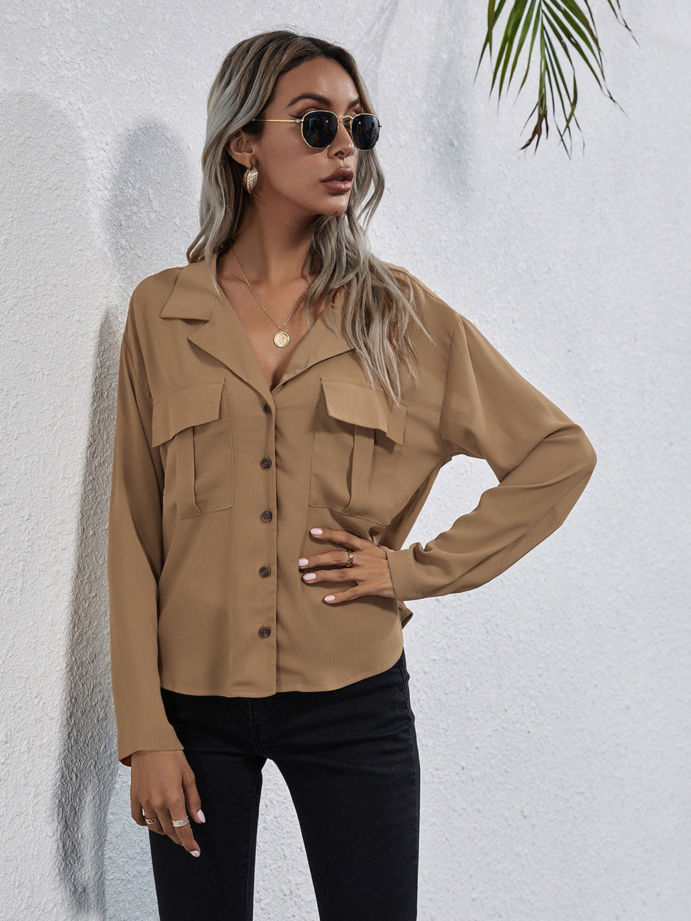Brown Shirt Collar Solid Shirt Style Shirts