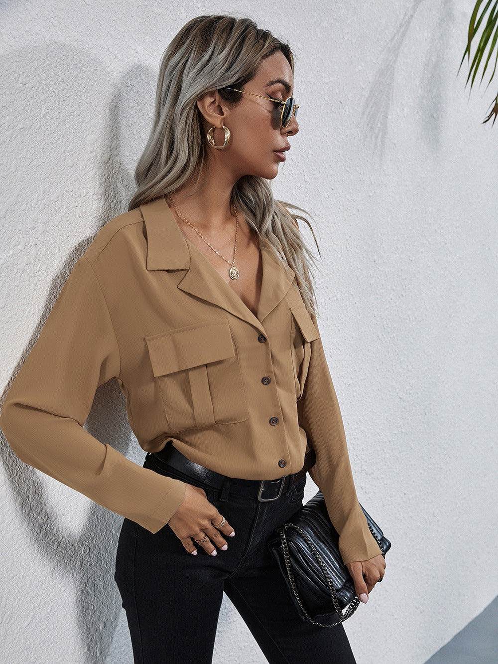 Brown Shirt Collar Solid Shirt Style Shirts