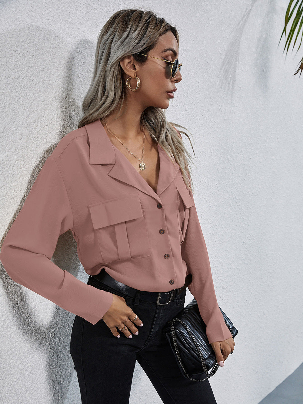 Woman Pink Shirt Collar Top