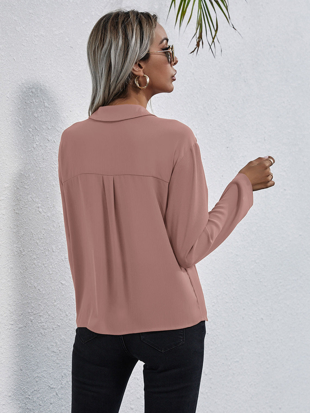 Woman Pink Shirt Collar Top