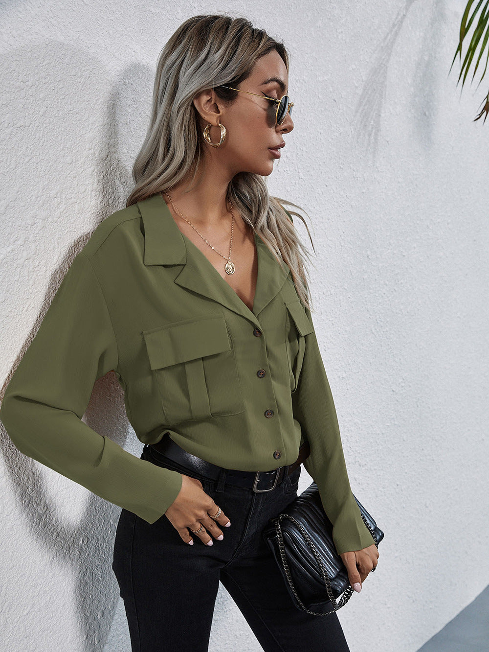 Women Olive Green Shirt Style Top
