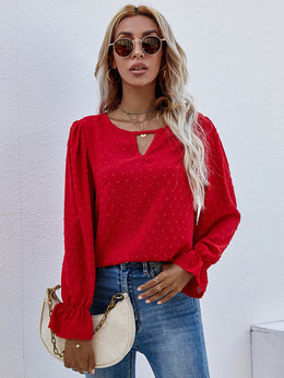 Self Design Keyhole Neck Puff Sleeves Top