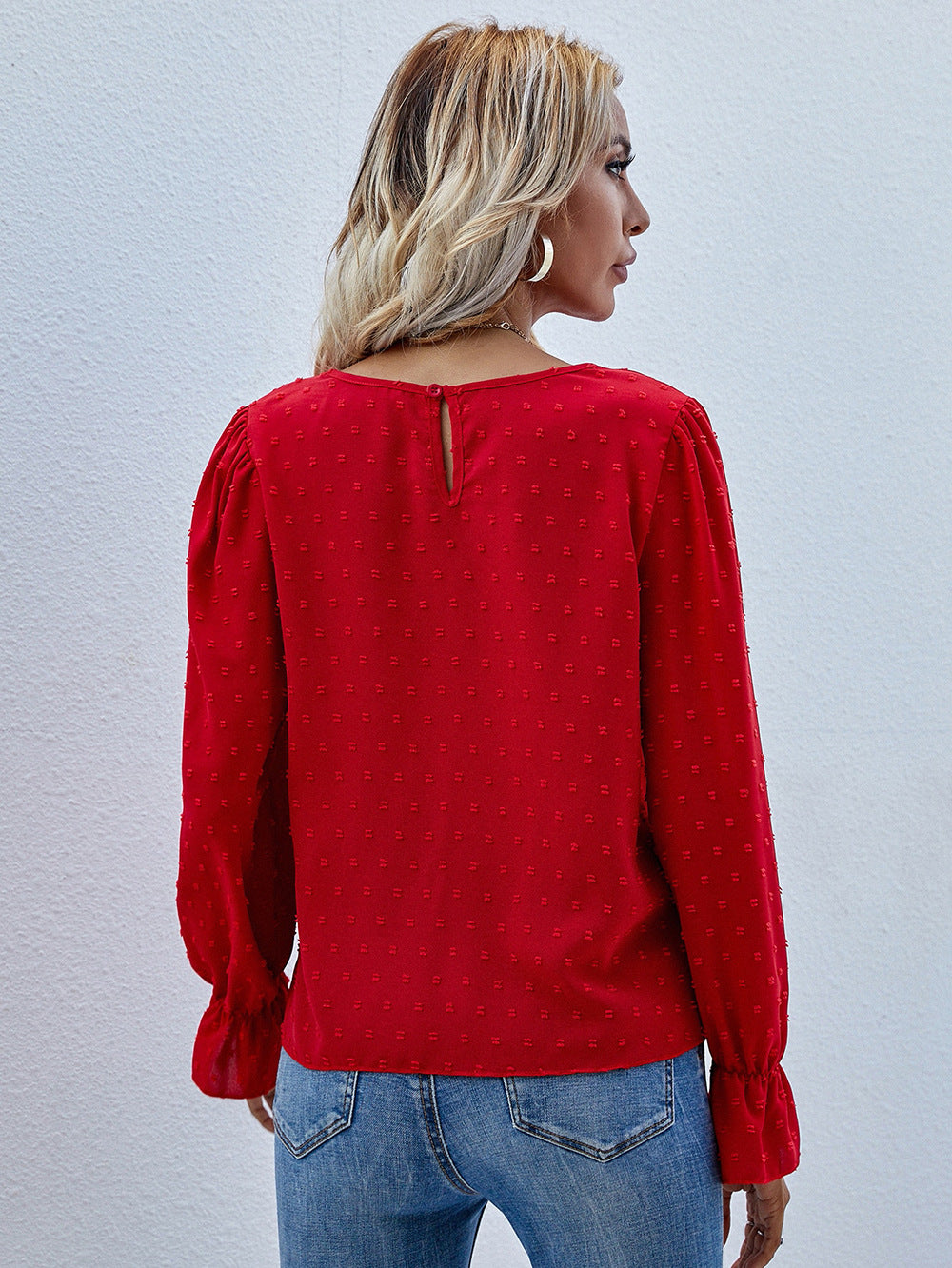 Self Design Keyhole Neck Puff Sleeves Top