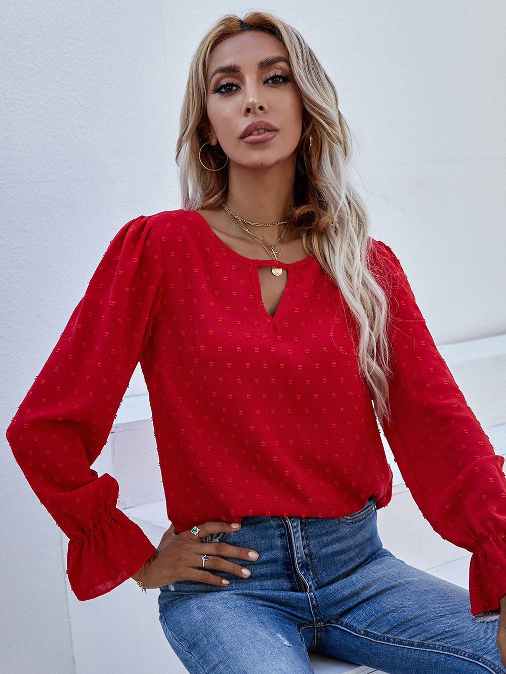Self Design Keyhole Neck Puff Sleeves Top