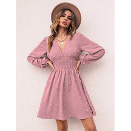 Pink Floral V-Neck Puff Sleeves Smocked Fit & Flare Dress