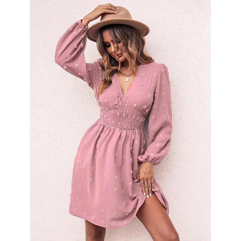 Pink Floral V-Neck Puff Sleeves Smocked Fit & Flare Dress