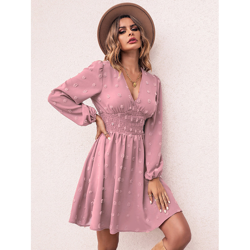 Pink Floral V-Neck Puff Sleeves Smocked Fit & Flare Dress