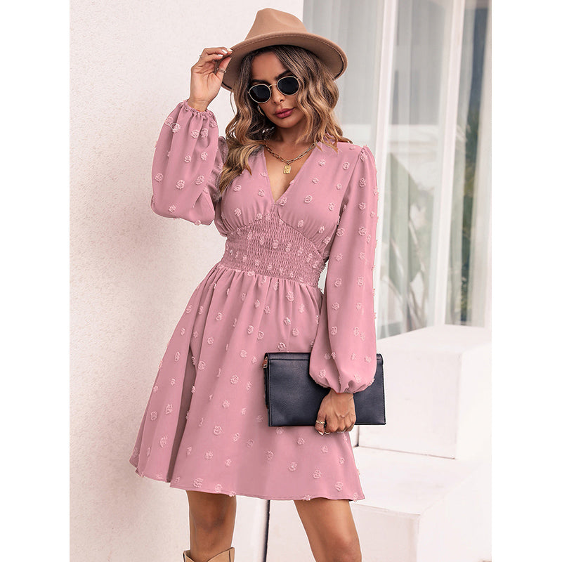 Pink Floral V-Neck Puff Sleeves Smocked Fit & Flare Dress