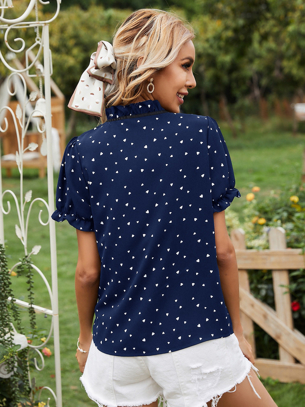 Women Blue Printed Tie-Up Neck Top