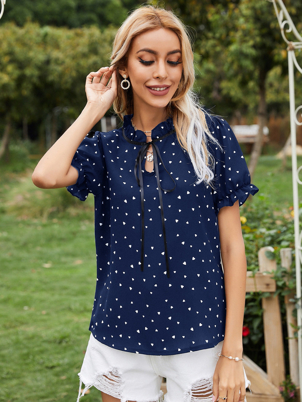 Women Blue Printed Tie-Up Neck Top
