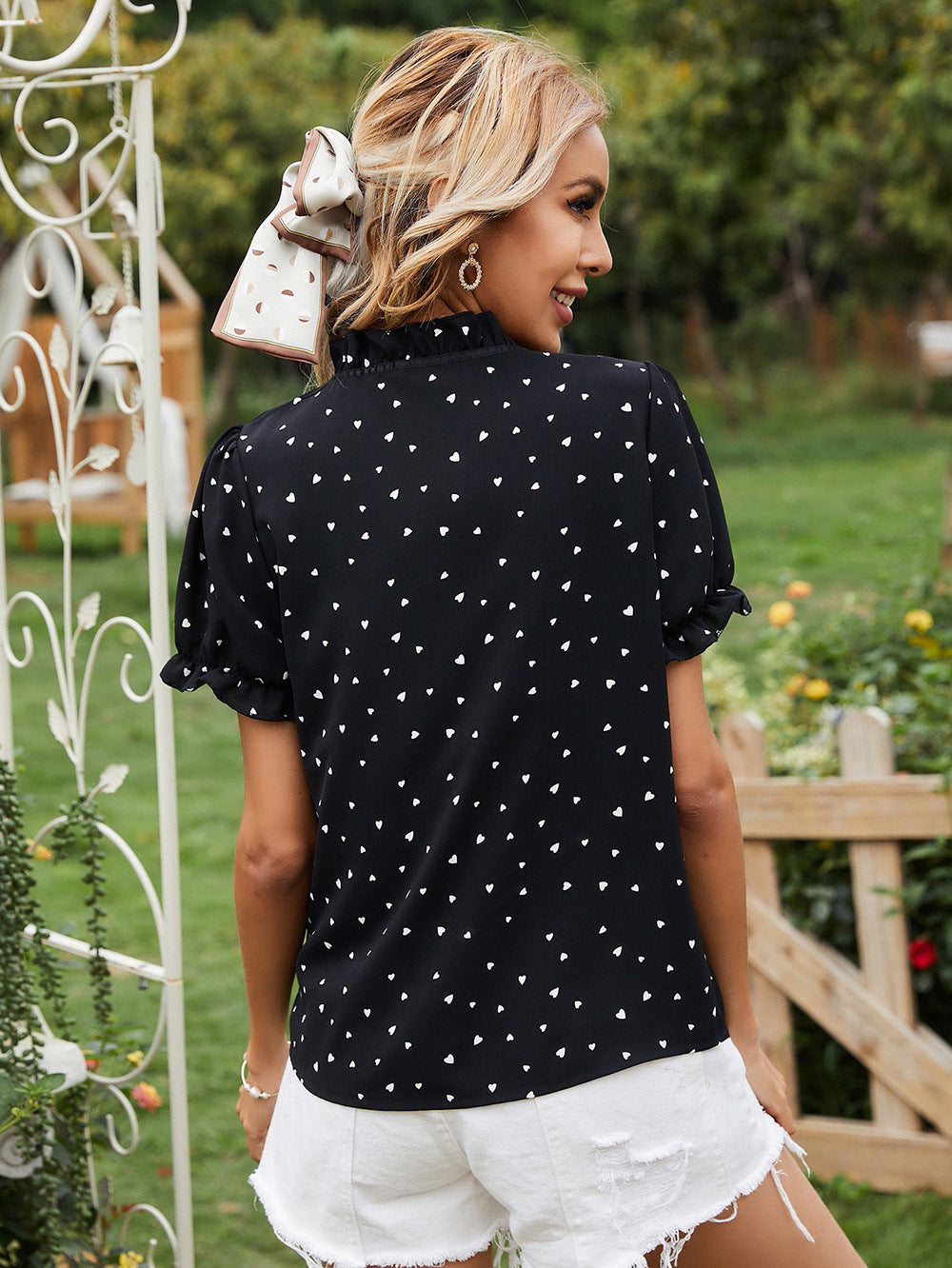 Women Black Tie-Up Neck Polka Dot Top