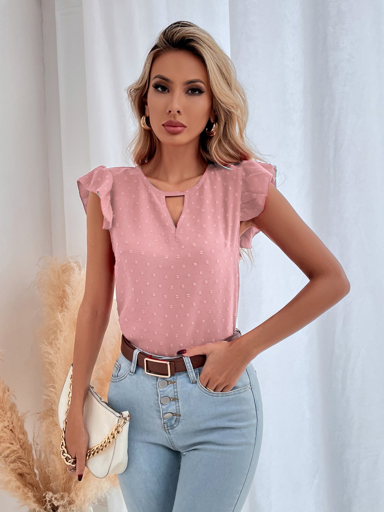 Pink Print Keyhole Neck Top