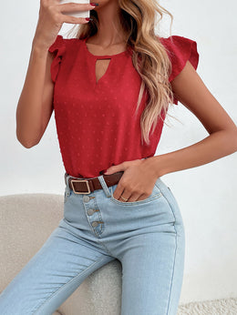 Print Keyhole Neck Flutter Sleeve Top