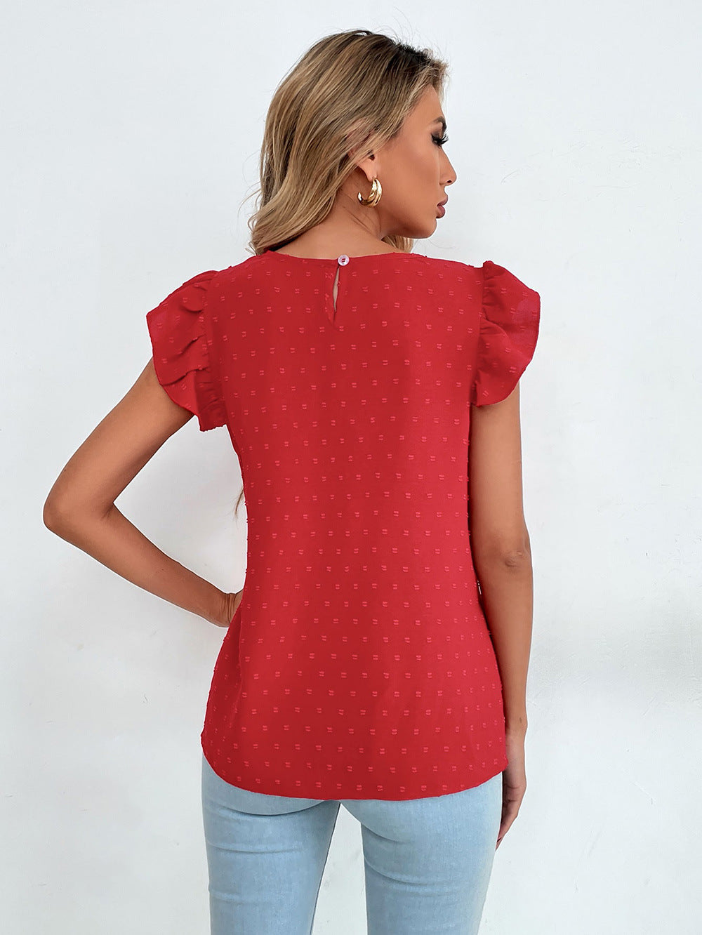 Print Keyhole Neck Flutter Sleeve Top