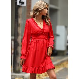 Orange Gathered Detail Puff Sleeves V-Neck Fit & Flare Dress