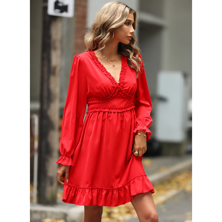 Orange Gathered Detail Puff Sleeves V-Neck Fit & Flare Dress