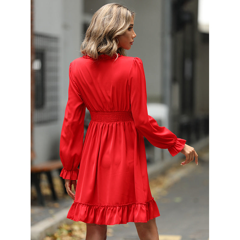 Orange Gathered Detail Puff Sleeves V-Neck Fit & Flare Dress