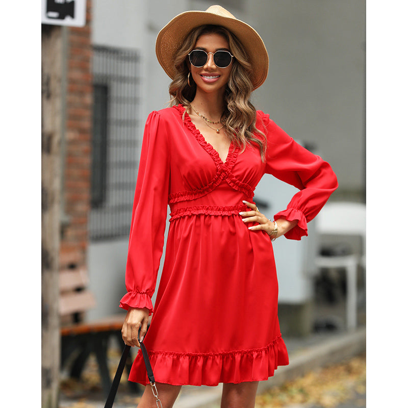 Orange Gathered Detail Puff Sleeves V-Neck Fit & Flare Dress