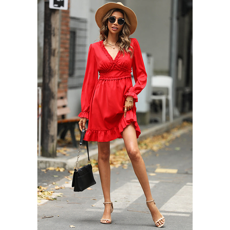Orange Gathered Detail Puff Sleeves V-Neck Fit & Flare Dress
