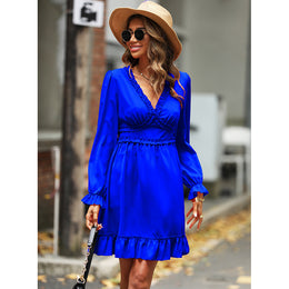 Blue V-Neck Puff Sleeves Gathered Detailed Fit & Flare Dress