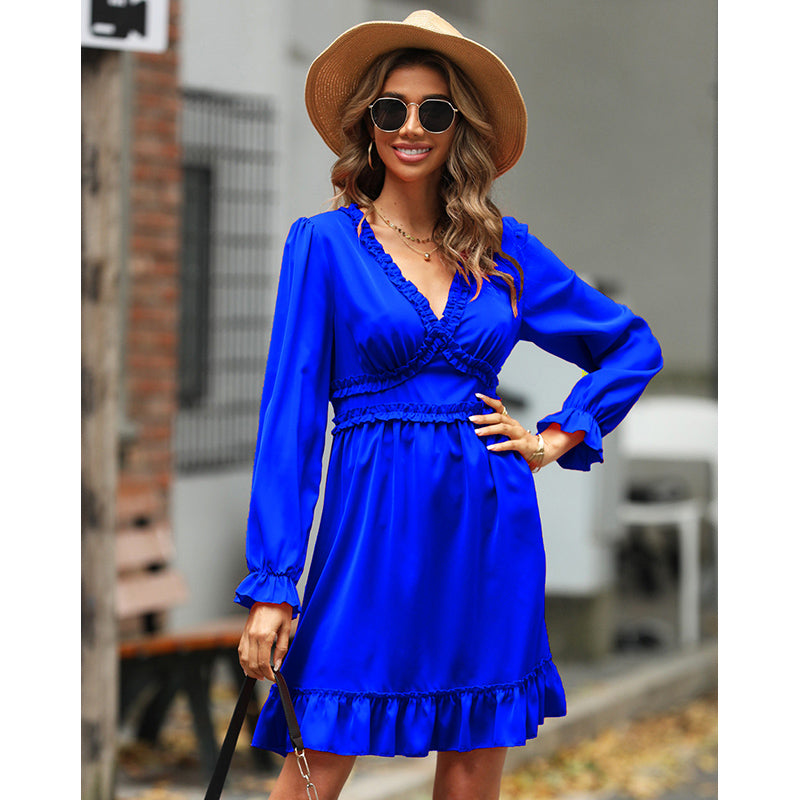 Blue V-Neck Puff Sleeves Gathered Detailed Fit & Flare Dress