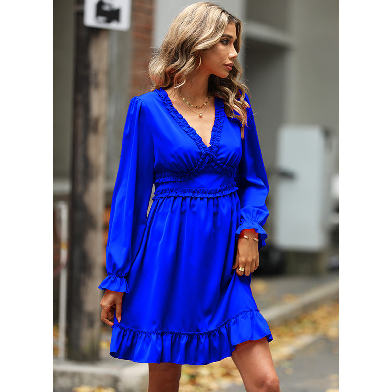 Blue V-Neck Puff Sleeves Gathered Detailed Fit & Flare Dress