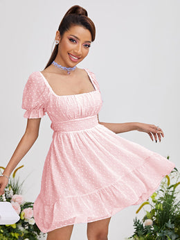 Women Peach-Coloured Puff Sleeve Fit and Flare Dress