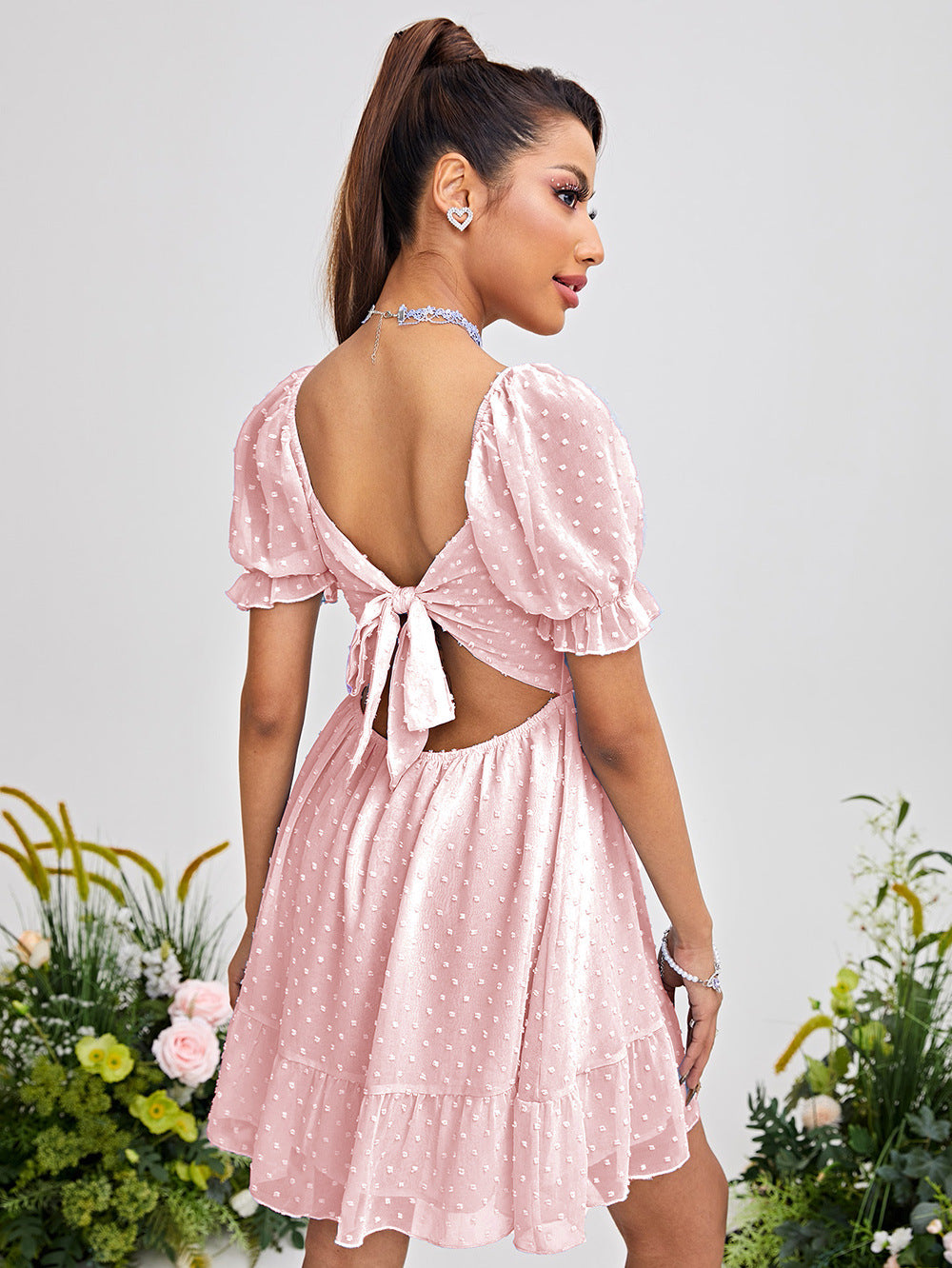 Women Peach-Coloured Puff Sleeve Fit and Flare Dress