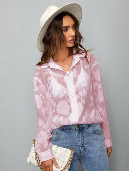 Black Floral Print Sheer Shirt Style Top