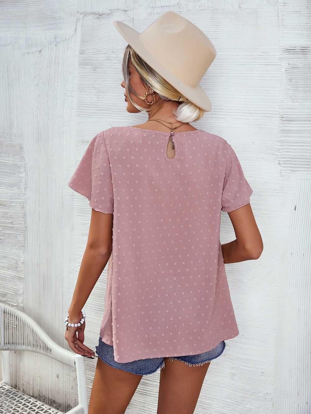 Women Rose Lace Insert Casual Top