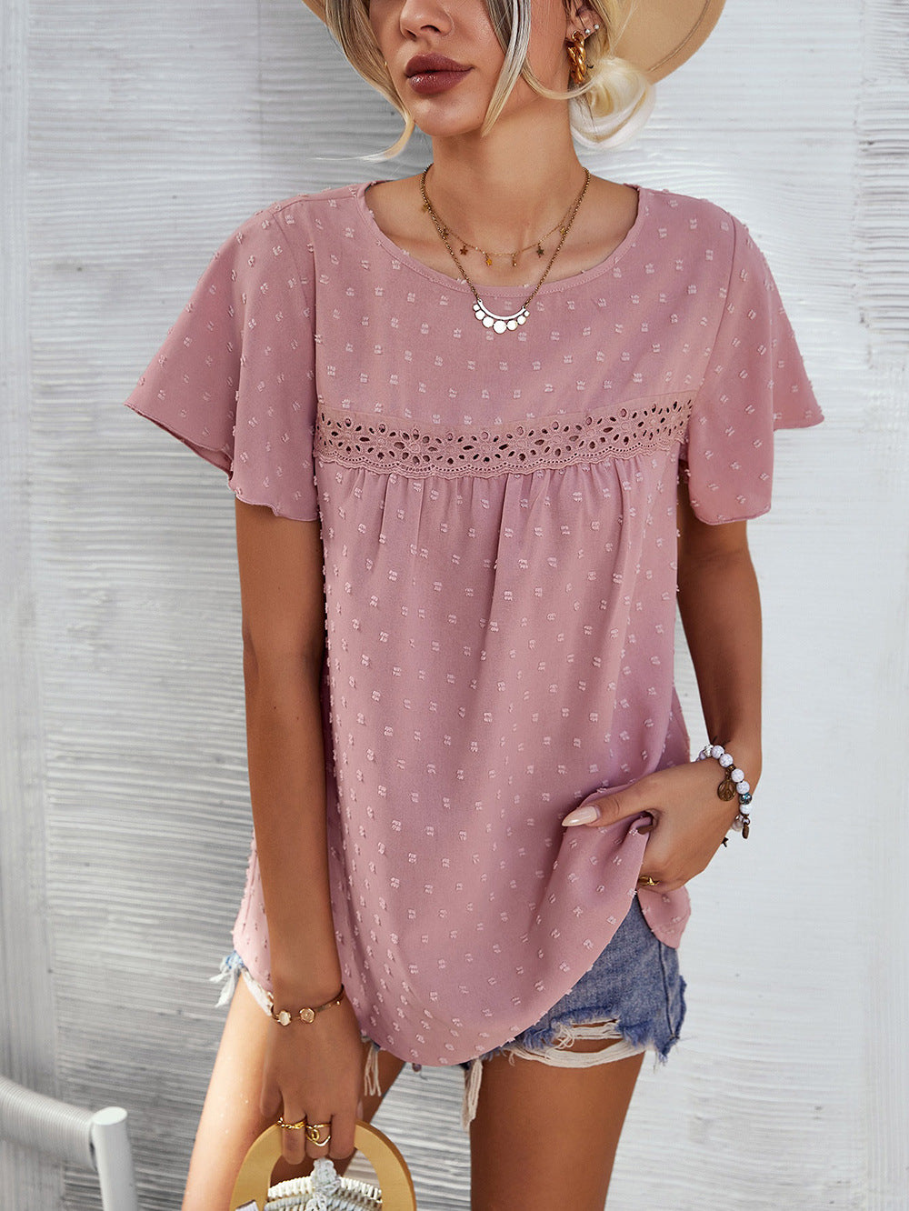 Women Rose Lace Insert Casual Top