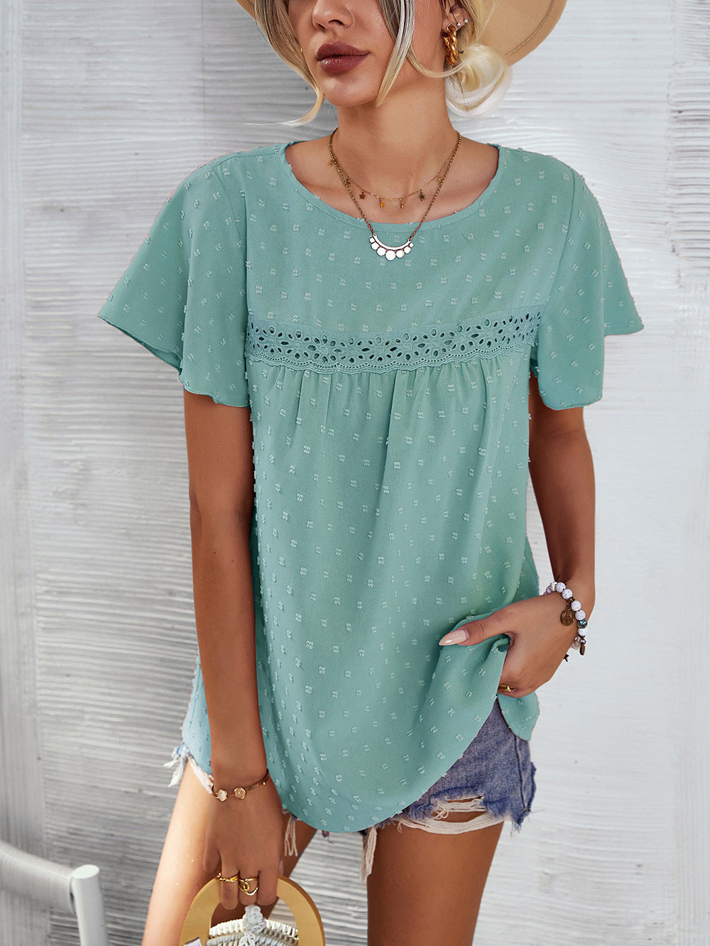 Green Self Design Lace Casual Top