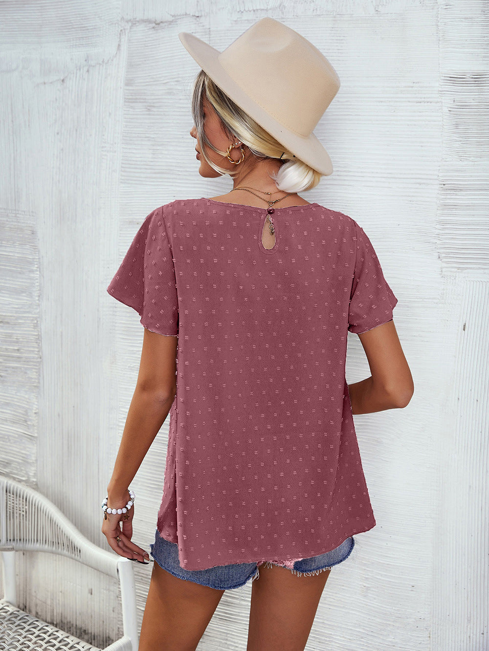 Pink Round Neck Flared Sleeve Top