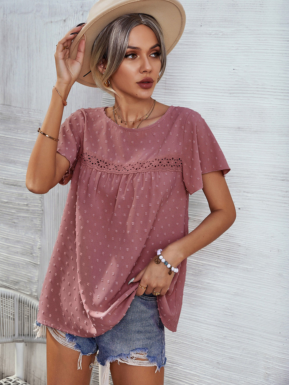 Pink Round Neck Flared Sleeve Top