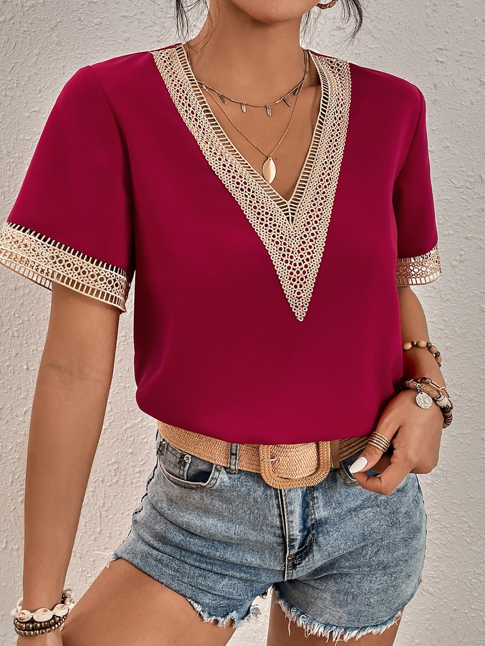 Red V-Neck Short Sleeves Top