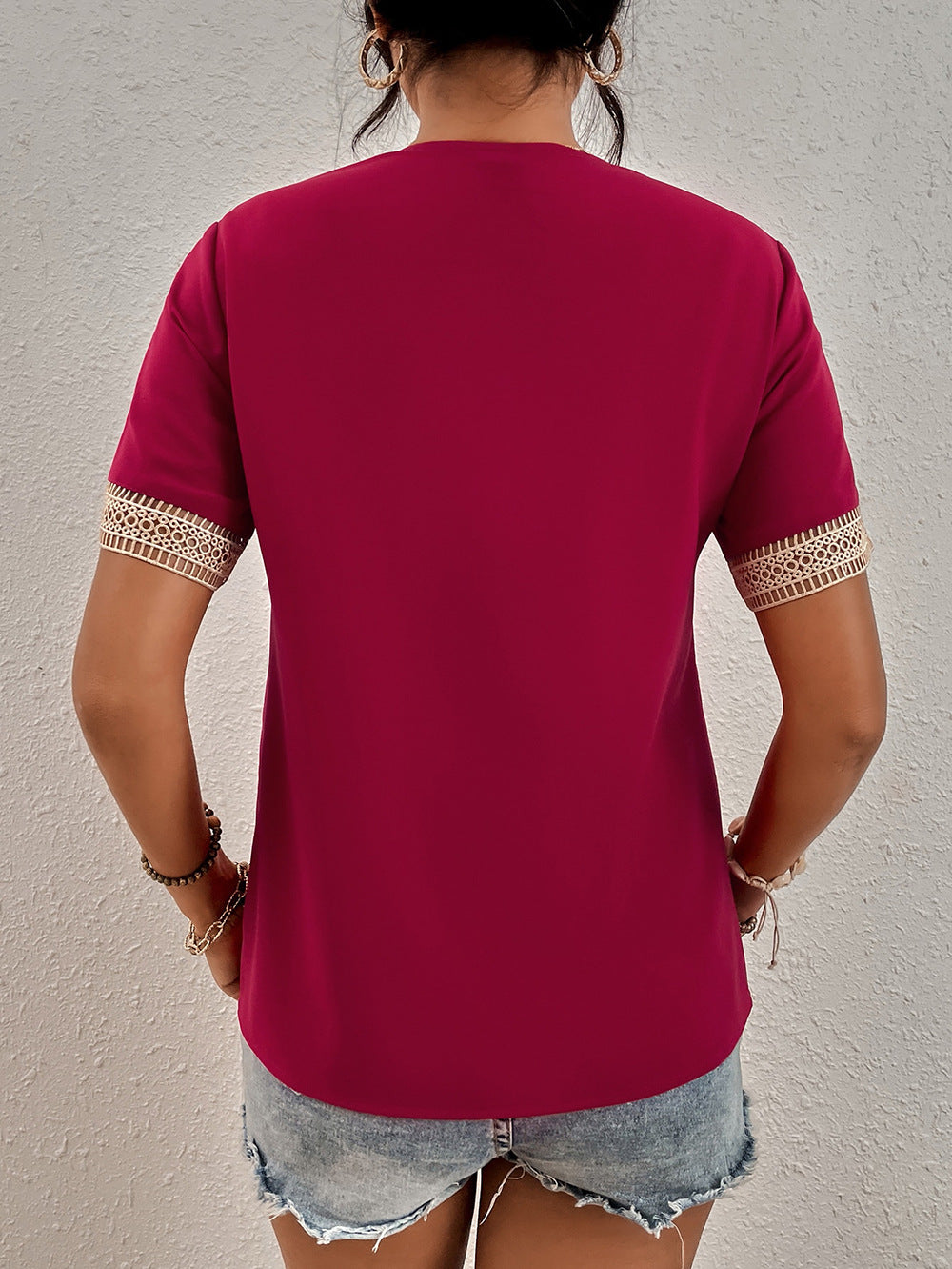 Red V-Neck Short Sleeves Top
