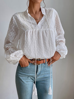 White Tie-Up Neck Bishop Sleeves Sheer Top