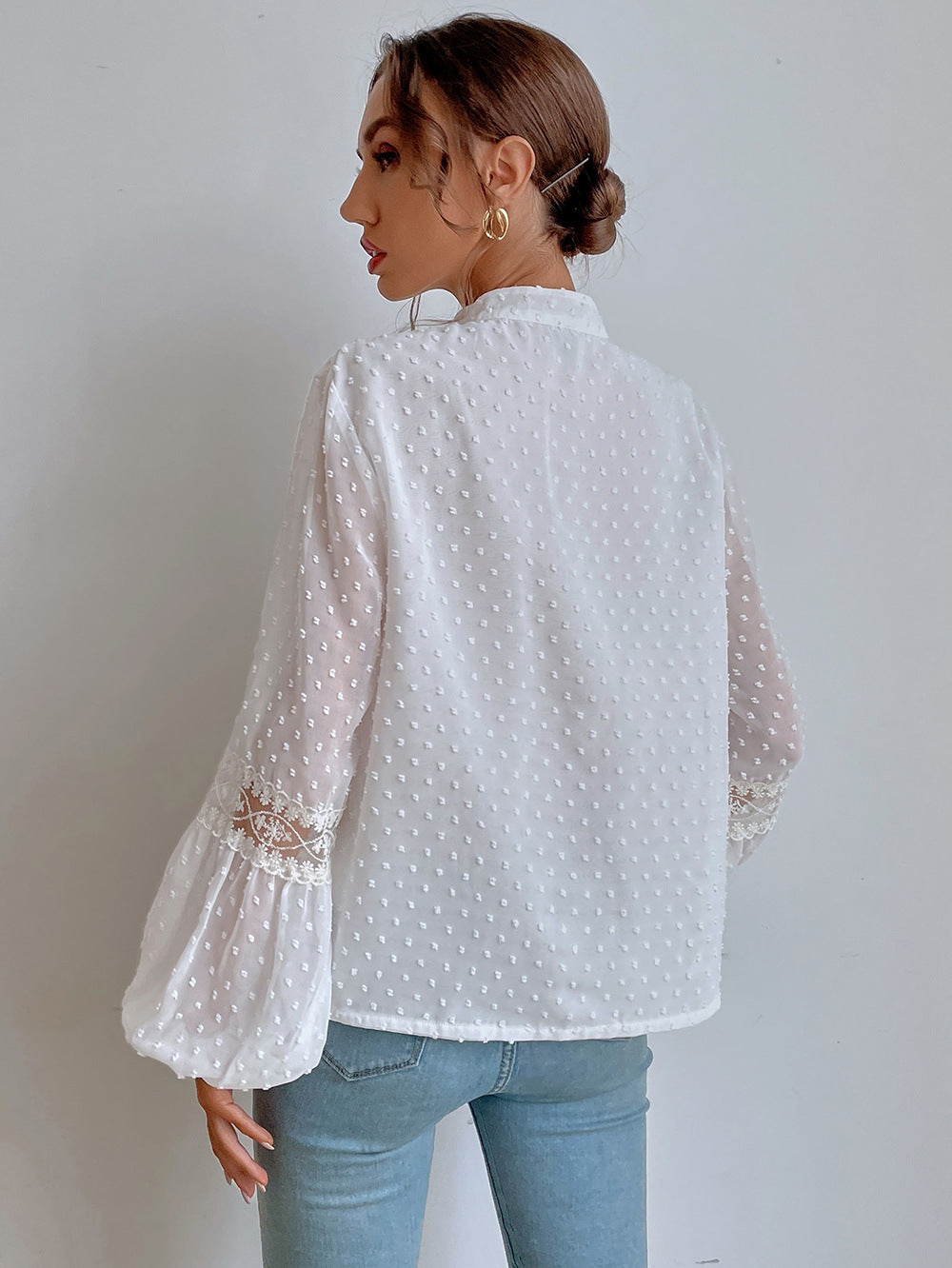 White Tie-Up Neck Bishop Sleeves Sheer Top