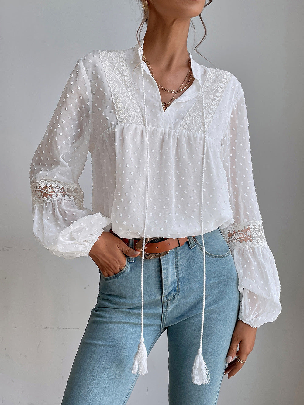 White Tie-Up Neck Bishop Sleeves Sheer Top
