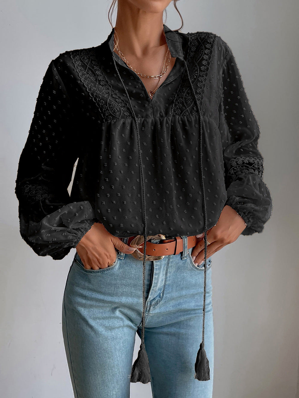 Black Tie-Up Neck Bishop Sleeves Top