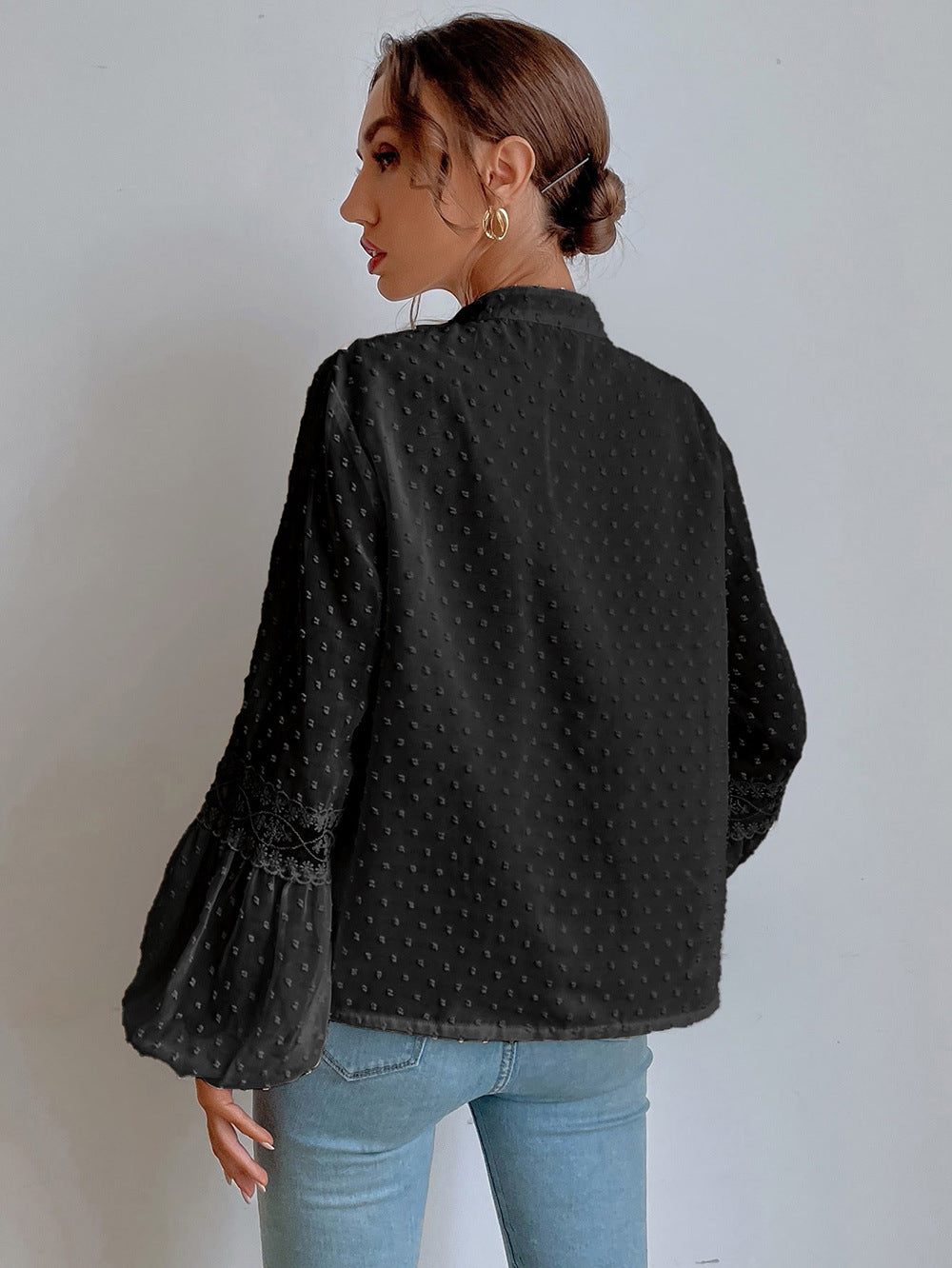 Black Tie-Up Neck Bishop Sleeves Top