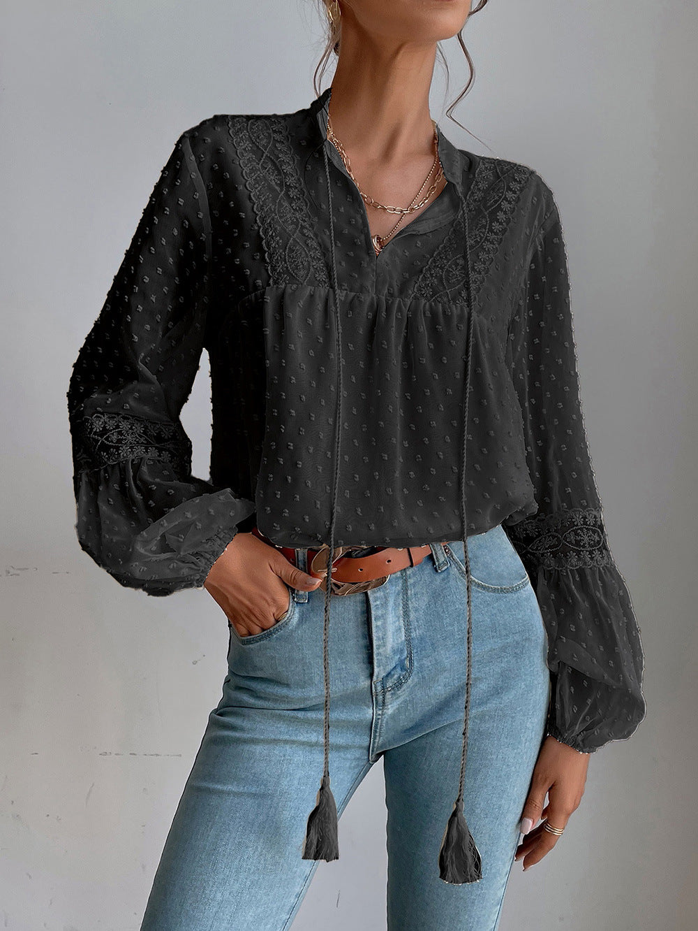 Black Tie-Up Neck Bishop Sleeves Top