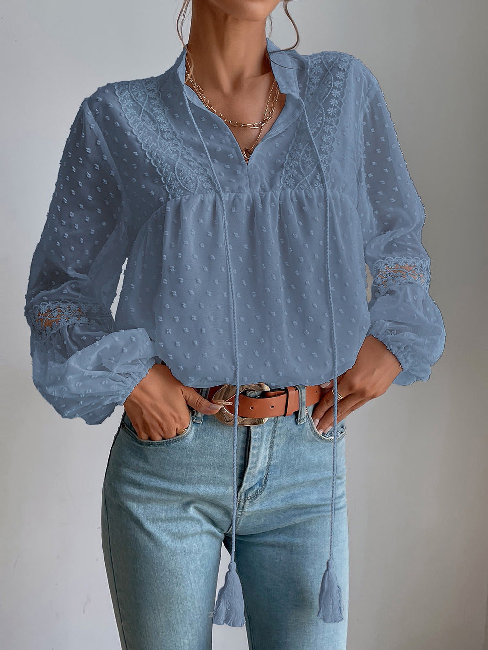 Blue Self Design V-Neck Regular Top