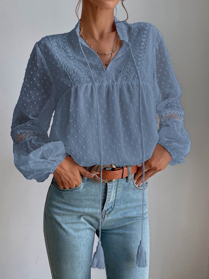 Blue Self Design V-Neck Regular Top