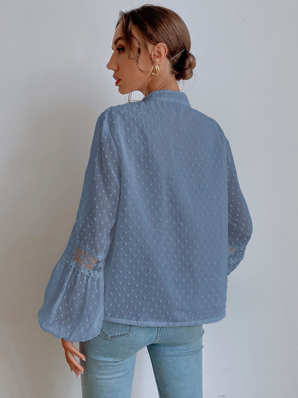 Blue Self Design V-Neck Regular Top