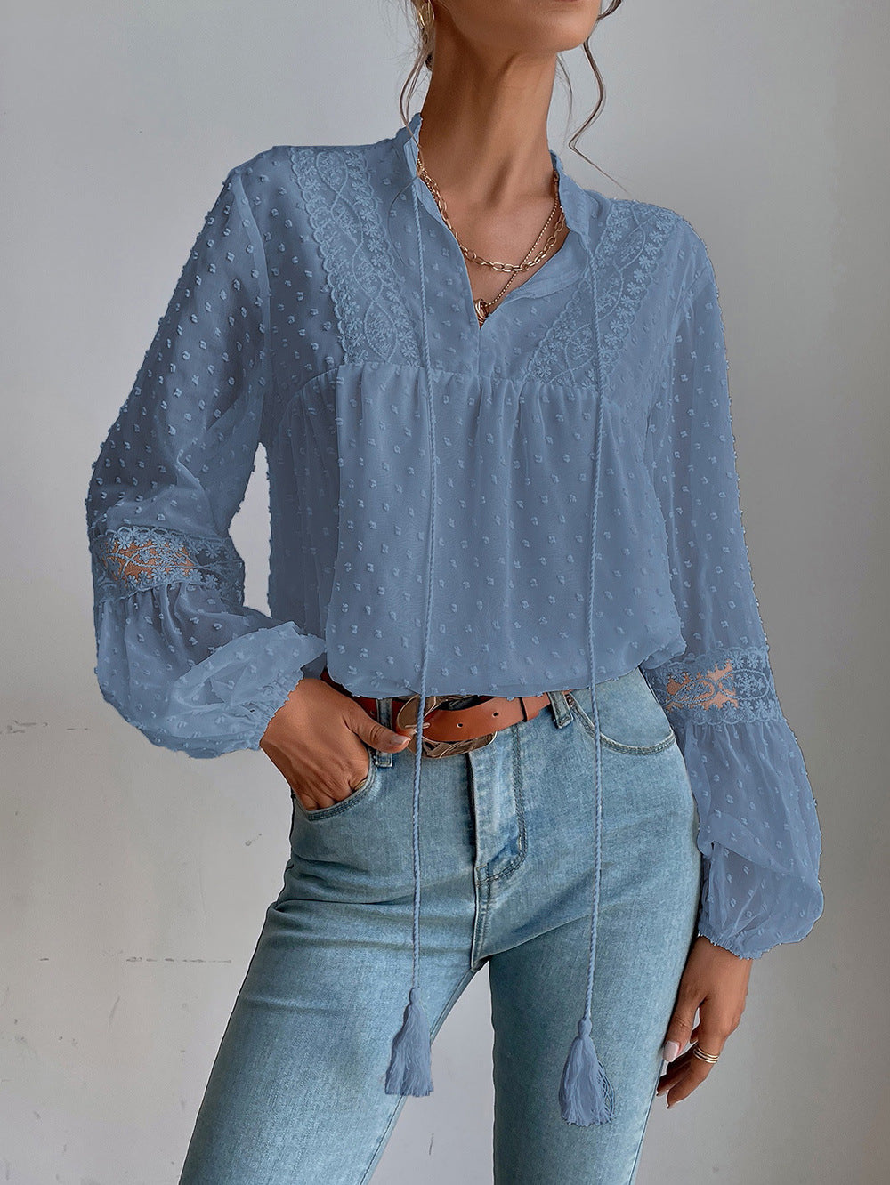Blue Self Design V-Neck Regular Top
